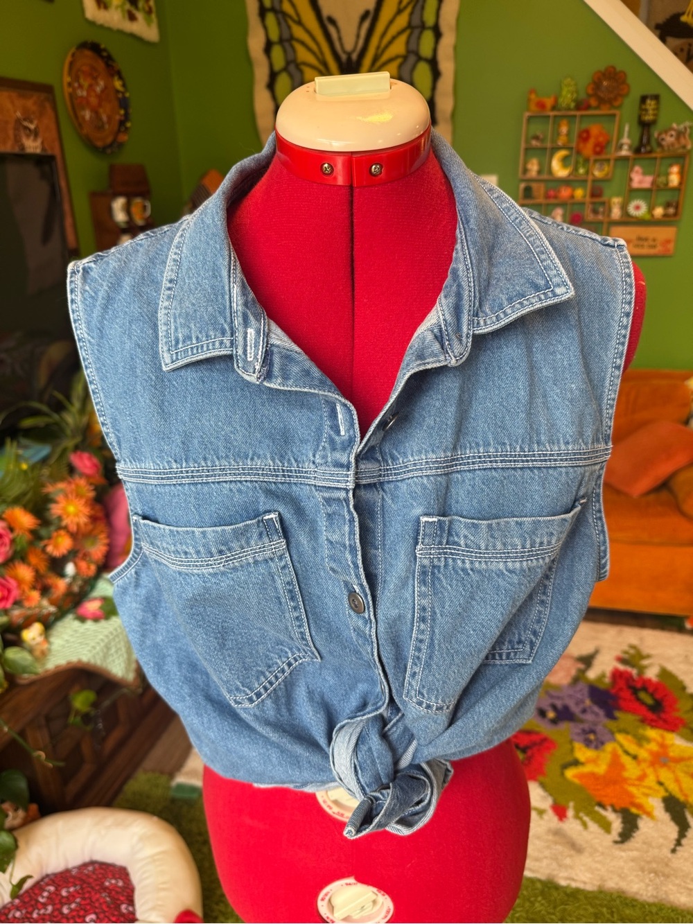 American Eagle Outfitters Blue Denim Tie-Front Tank Top
